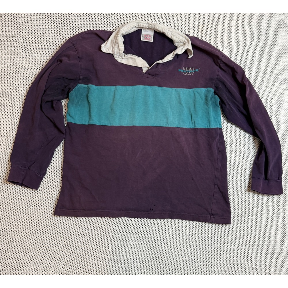Wilson Pro 5000 Mens Large Purple Teal Colorblock Long Sleeve Rugby Shirt Cotton